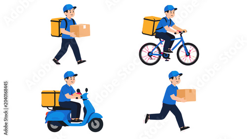 Photos Isometric courier characters delivering packages by foot bike and scooter