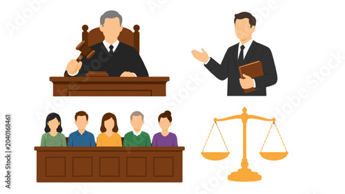 Fotografie Courtroom justice icons with judge lawyer jury and scales