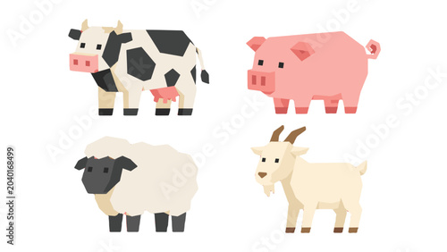 Schilderij op canvas Low poly farm animals set with cow pig sheep and goat