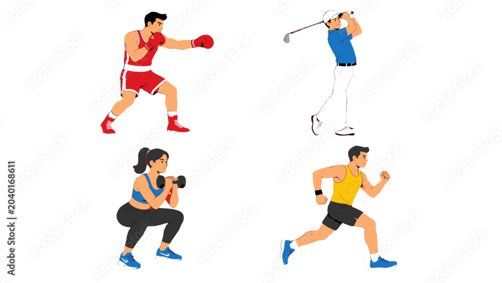 Fototapeta premium Set of athletes boxing, golfing, squatting, and running