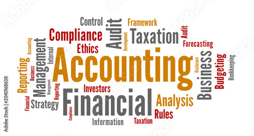 Photos Word cloud infographic illustrating accounting and financial concepts, showcasing essential terms like compliance, audit, and budgeting for educational and professional use
