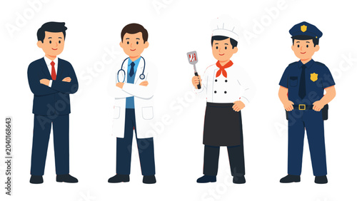Foto Cartoon professional characters set with businessman doctor chef and police offi