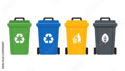 Set of colorful recycling and waste bins in flat vector style
