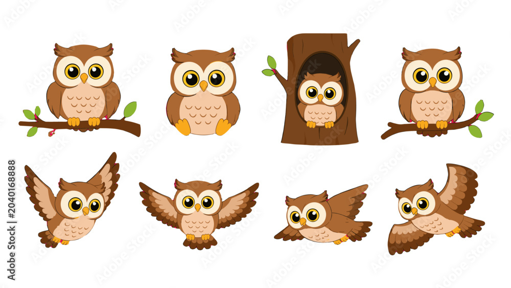 Obraz premium Cute cartoon owl set with perched and flying poses