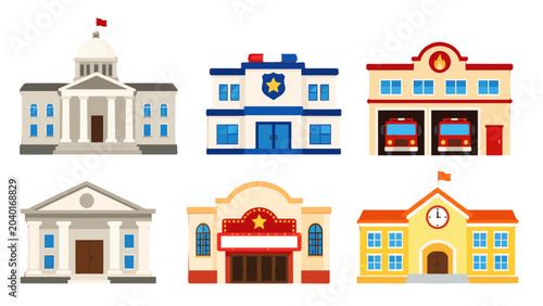 Tableau sur toile Set of public service and civic buildings in flat vector style