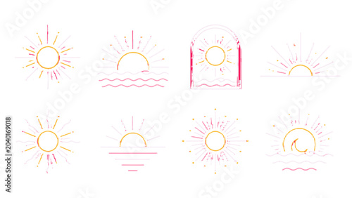 Fotografie Set of hand drawn sun and sunrise outline icons