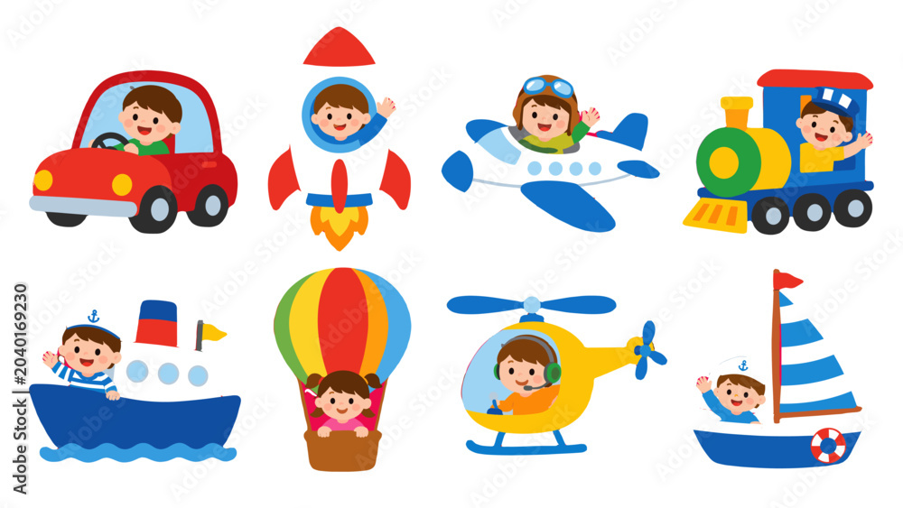 Fototapeta premium Cute children riding toy vehicles and transport set illustration