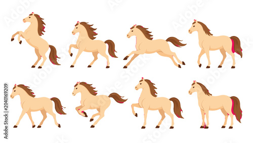 Fotografie Set of cartoon horse poses in flat vector style