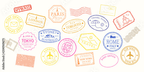 Photography Colorful travel passport stamps element vector set