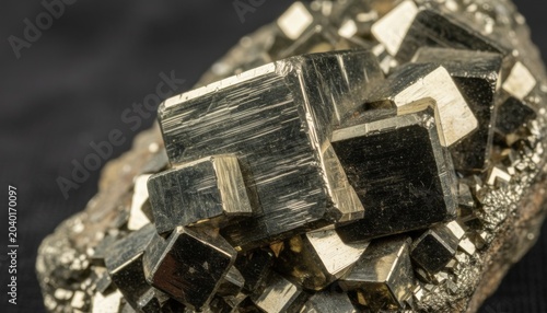 Close up view of golden brassy pyrite fool gold mineral crystals showing distinct cubic formations and striated surfaces