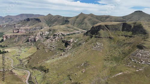 Aerial Cliff View Of Rugged Escarpment And Winding Valley In Drakensberg South Africa, Field Geologist