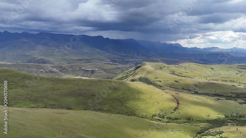 Aerial Plains With Dramatic Stormlight Moving Over Drakensberg Foothills, Weather Front Casts Contrasting