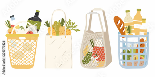 Tableau sur toile Grocery Shopping Bags And Produce Flat Vector Illustration