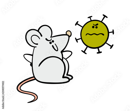 Cartoon new deadly virus is a source of infection. Vector illustration of a rat from a landfill in Latin America and a terrible bacterium, microbe, hantavirus together.