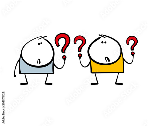 Two people are wondering. Vector illustration of people holding punctuation marks, unhappy, sad stickman. Cartoon characters are looking for an answer to a question.