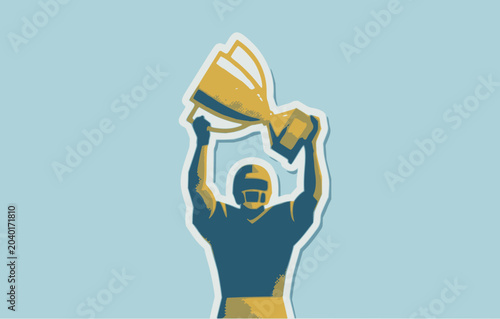 Canvastavla A triumphant football player holding up a large trophy cup in victory, celebrating achievement with arms raised high in a graphic illustration