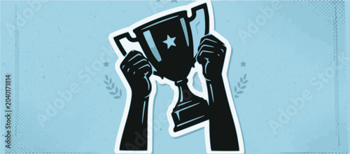 Canvastavla A pair of hands holding up a trophy cup with a star on it, symbolizing achievement and success on a light blue background with laurel wreath illustrations