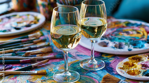 Two glasses of white wine and art supplies on a colorful table for a paint and sip session.
