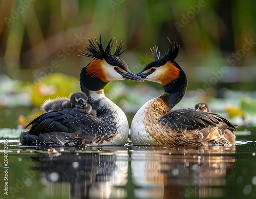 Two ducks swimming together in pond water.