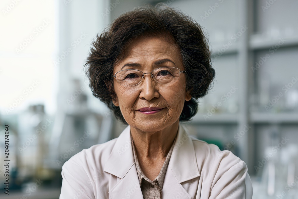 Fototapeta premium Senior Asian scientist, wearing lab coat and glasses, smiling confidently in laboratory