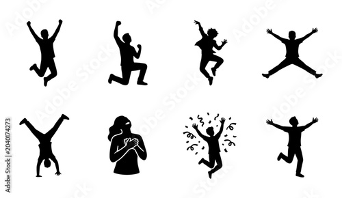 Canvastavla 8 Silhouette Icons of People Celebrating and Jumping, Flat Style, for Success an