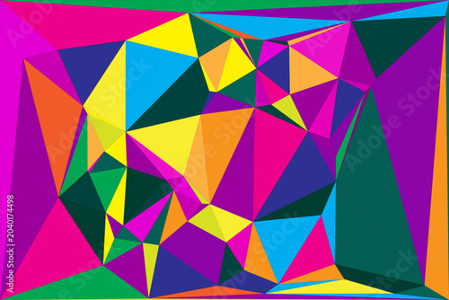 Vibrant geometric triangle background with magenta yellow and cyan abstract polygon shape.
