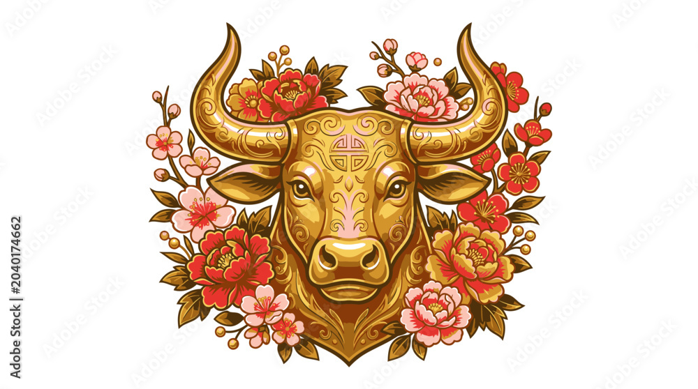 Fototapeta premium Golden Bull Head with Flowers.