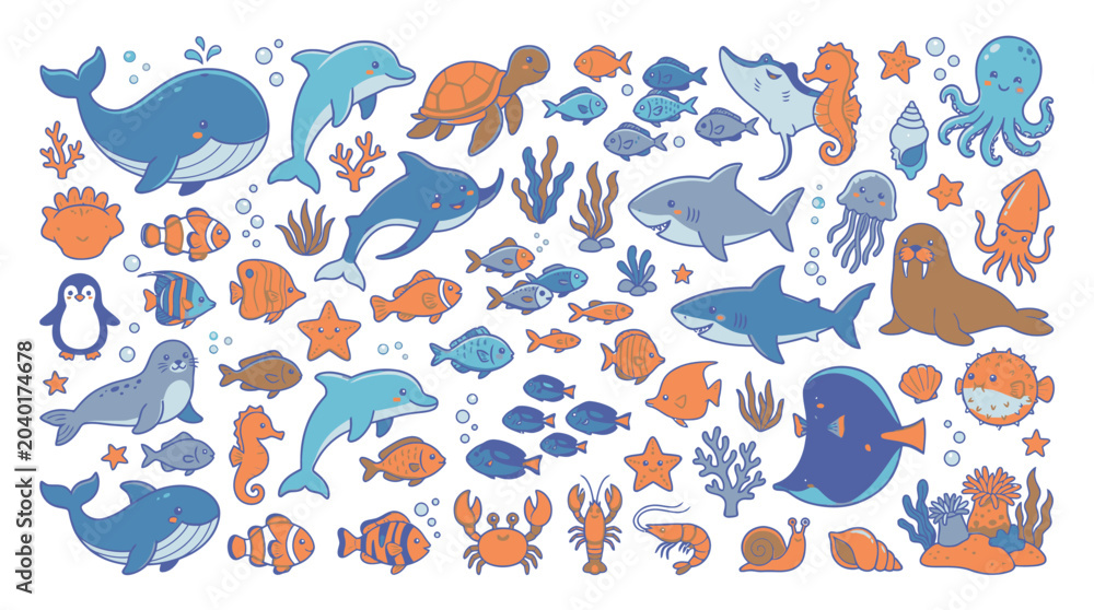 Fototapeta premium Colorful ocean sea creatures stickers.