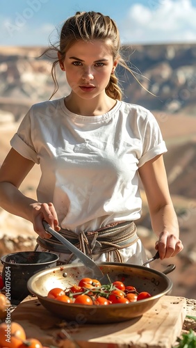 Woman preparing pizza in rustic outdoor kitchen.