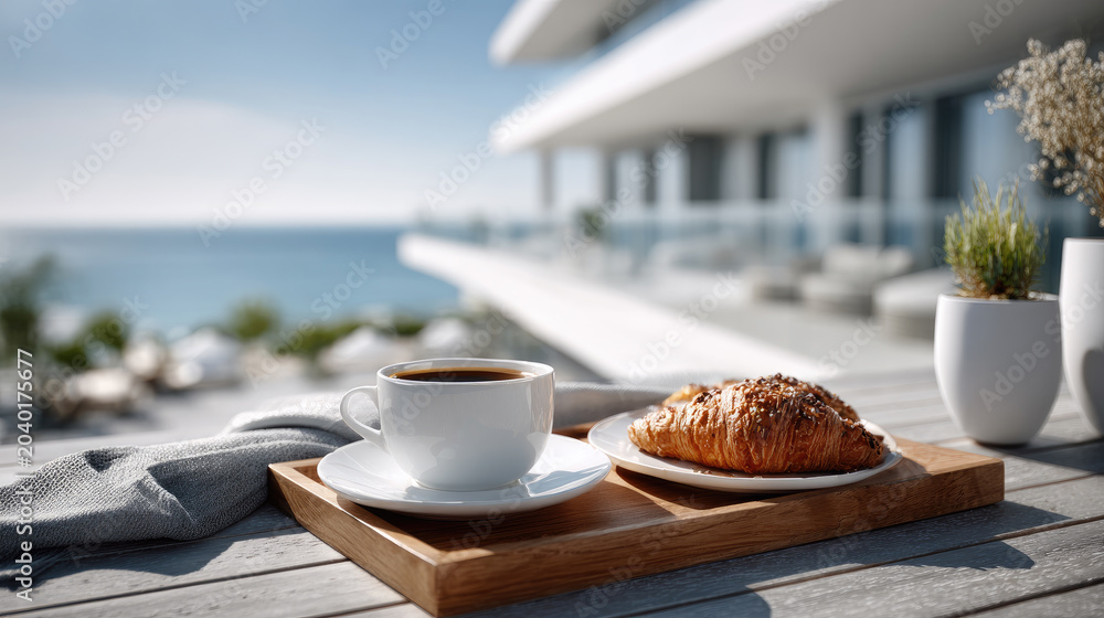 Fototapeta premium Morning coffee and fresh croissant enjoying a leisure breakfast on a hotel balcony or luxury resort terrace overlooking the tranquil blue ocean under a clear sky