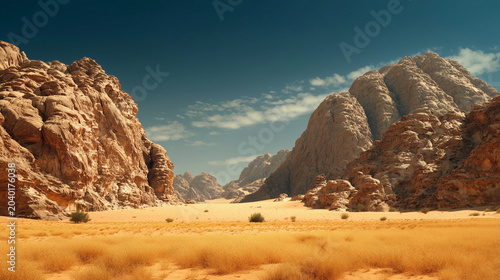 Vast desert landscape featuring towering rock formations under a clear blue sky with scattered clouds