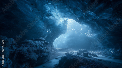 A view inside a blue ice cave with light shining through the opening and rocks on the ground below