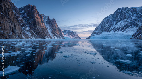 Icy landscape featuring mountain reflections and ice floes under a twilight sky in the arctic region