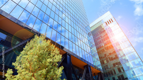 Eco building in modern city concept. Modern office building with the fresh green leaves. Steel and glass. The subject of modern architecture or construction industry. 