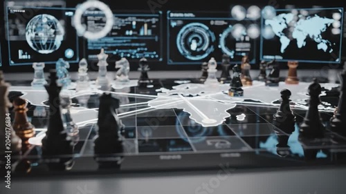 Chess game on a board with data screens displaying world map technology