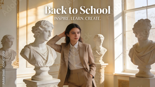 A young female student in a beige suit stands among white classical marble busts in a bright studio with golden sunlight, under a typographic text banner saying back to school.