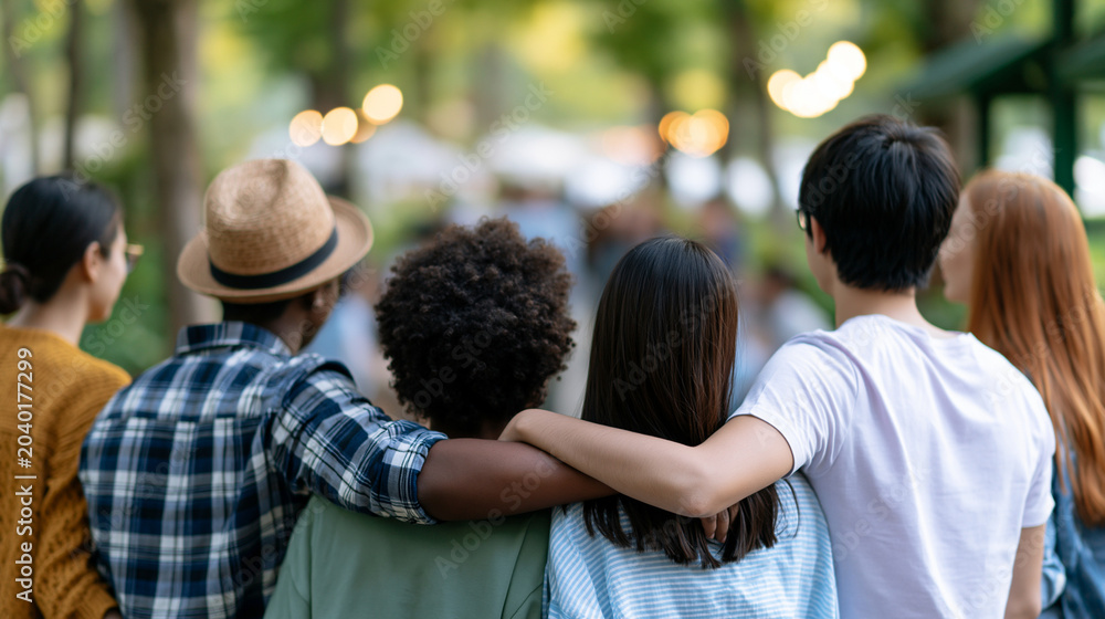 Fototapeta premium Faceless cheerful friends enjoying at park, park gathering, outdoor leisure, friendship bonding, casual enjoyment, natural setting, with copy space