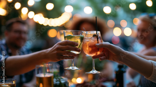 Defocused faceless friends toasting with drinks at outdoor bar, soft focus social moment, beverage celebration, evening gathering, blurred background, with copy space