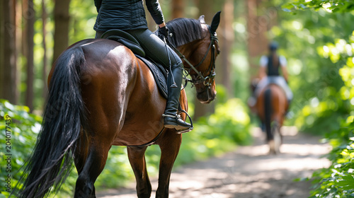 Horsewomen riding beautiful horses along forest trail at equestrian center on bright summer day, horse walking gait, outdoor activity, nature path, professional riding, leisure