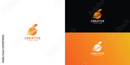 Vibrant abstract logo design capturing the essence of a stylized fruit with a fresh leaf and dynamic swirling elements, symbolizing organic energy and creative inspiration