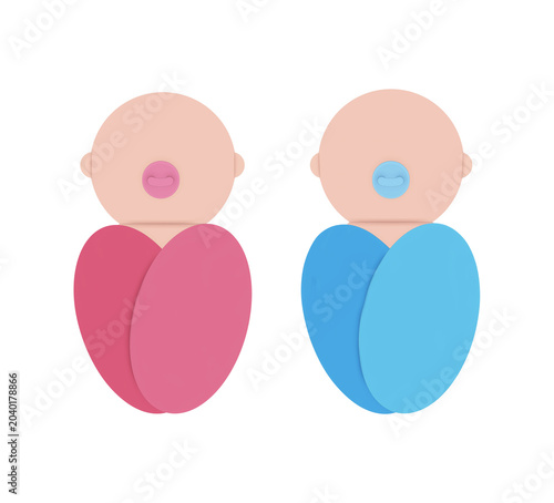 Cute minimalist 3D illustration featuring newborn baby twins swaddled in soft blankets. A baby girl wrapped in pink and a baby boy wrapped in blue with pacifiers, isolated
