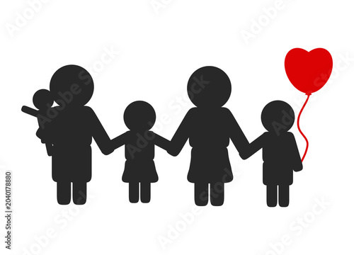 Minimal family silhouette illustration showing parents and children holding hands together, with a red heart-shaped balloon symbolizing love, happiness, care, and togetherness. Ideal for family