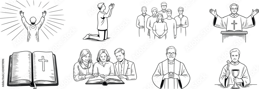 Fototapeta premium Collection of religious imagery and symbols: A montage featuring various illustrations of religious devotion, including praying individuals, a congregation, a priest, and a sacred book with a cross.