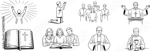 Foto Collection of religious imagery and symbols: A montage featuring various illustrations of religious devotion, including praying individuals, a congregation, a priest, and a sacred book with a cross
