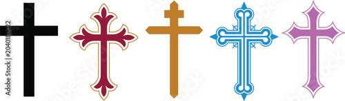 Cuadro en lienzo Five Crosses of Faith: A diverse collection of five crosses, each with unique design and color, symbolize different aspects of faith and spirituality, representing religious devotion and belief
