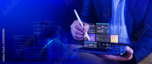 UI UX interface design concept with virtual wireframe. AI technology icons and coding elements for mobile app, UI UX creator modern technology concept concept. not ai