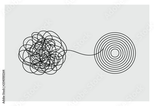 Abstract representation of chaos transforming into order, a tangled line leading to concentric circles