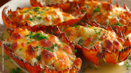 Close-up of baked stuffed lobster tails with melted cheese and herbs