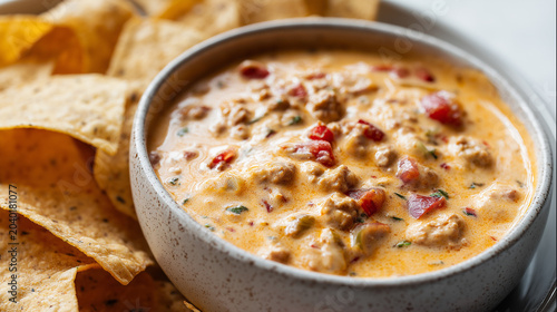 Close Up of Creamy Spicy Queso Dip with Ground Meat and Tortilla Chips