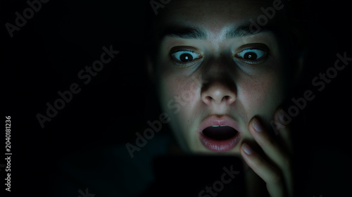 Shocked woman looking at screen in dark room illuminated by blue light